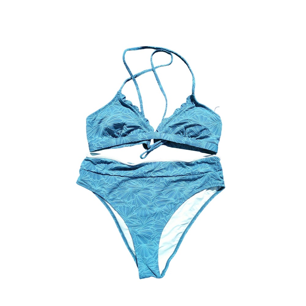 Cupshe Teal Blue Jacquard Floral High Waisted Bikini Set XL NWT